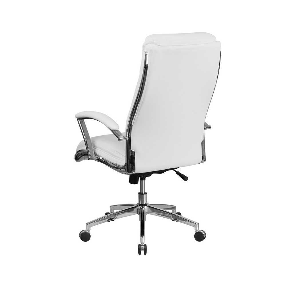 High Back Designer White LeatherSoft Smooth Upholstered Executive Swivel Office Chair with Chrome Base and Arms