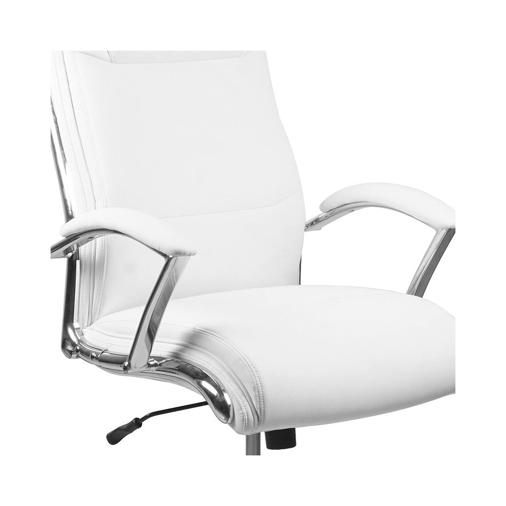 High Back Designer White LeatherSoft Smooth Upholstered Executive Swivel Office Chair with Chrome Base and Arms