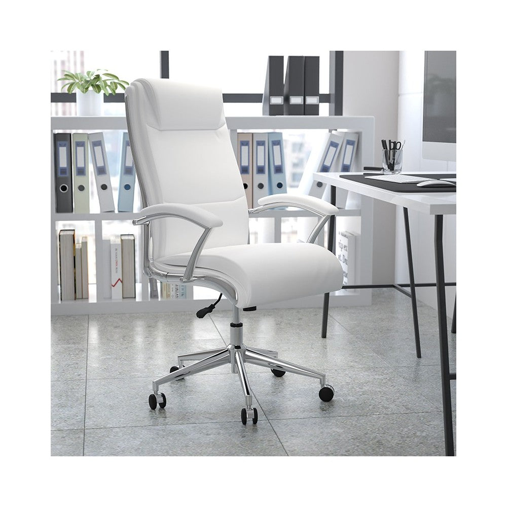 High Back Designer White LeatherSoft Smooth Upholstered Executive Swivel Office Chair with Chrome Base and Arms