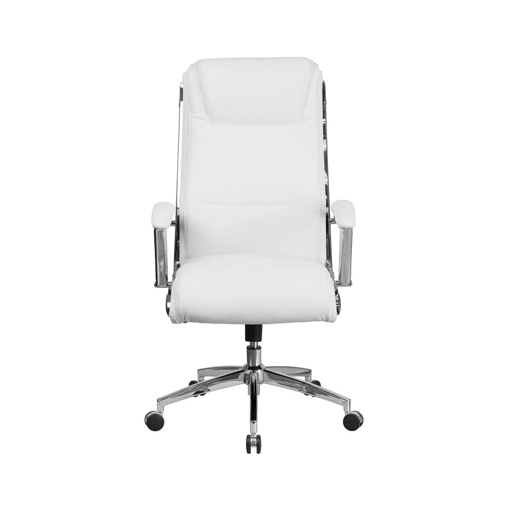 High Back Designer White LeatherSoft Smooth Upholstered Executive Swivel Office Chair with Chrome Base and Arms