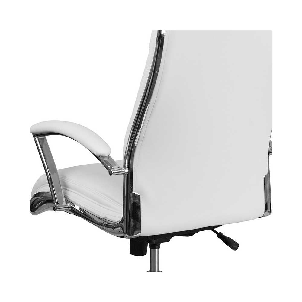 High Back Designer White LeatherSoft Smooth Upholstered Executive Swivel Office Chair with Chrome Base and Arms