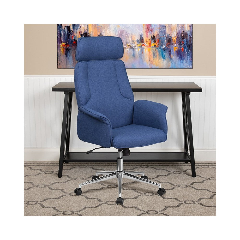High Back Desk Chair | Blue Upholstered Swivel Chair for Desk and Office
