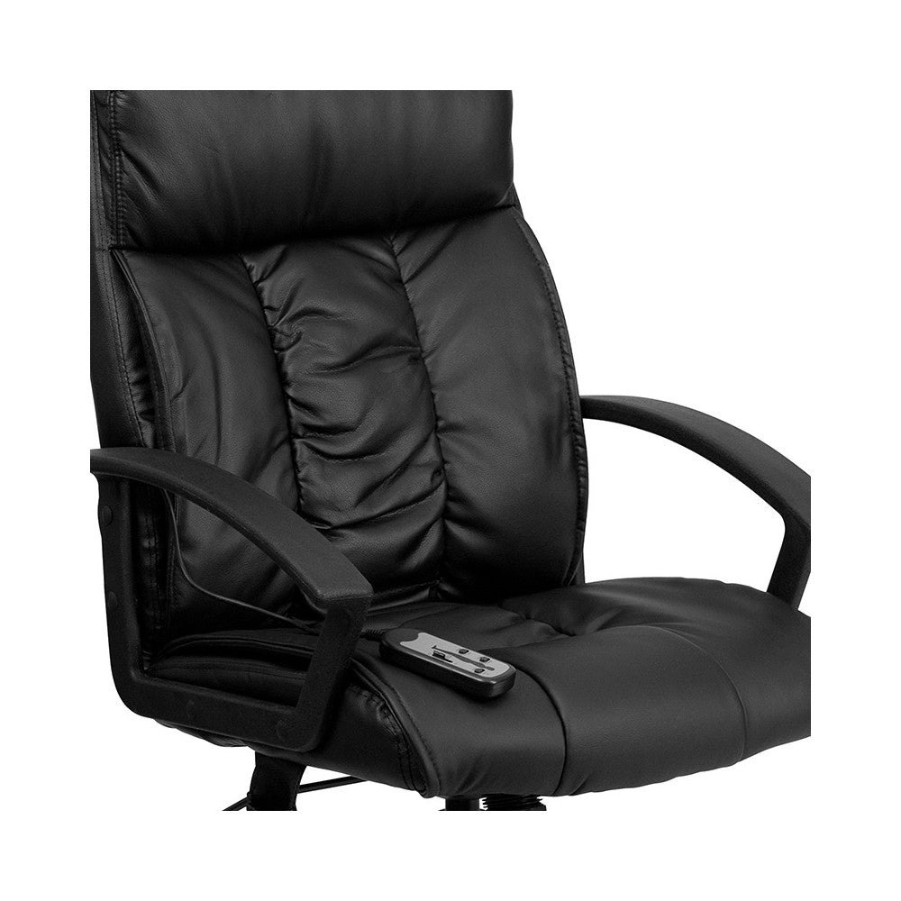 High Back Ergonomic Massaging Black LeatherSoft Executive Swivel Office Chair with Side Remote Pocket and Arms