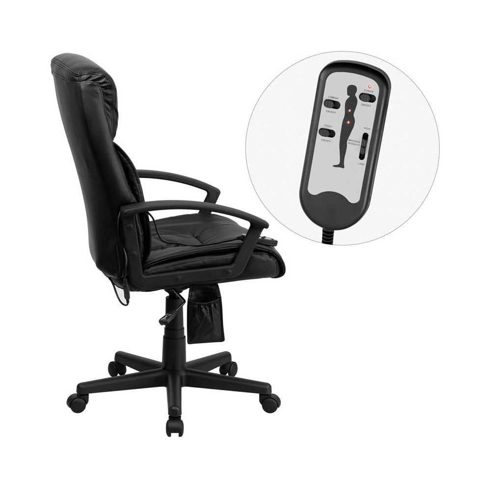High Back Ergonomic Massaging Black LeatherSoft Executive Swivel Office Chair with Side Remote Pocket and Arms