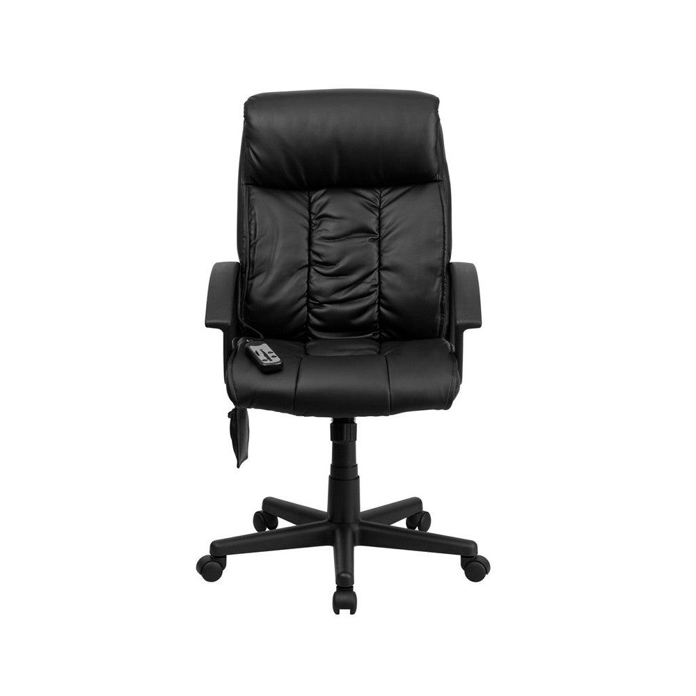 High Back Ergonomic Massaging Black LeatherSoft Executive Swivel Office Chair with Side Remote Pocket and Arms