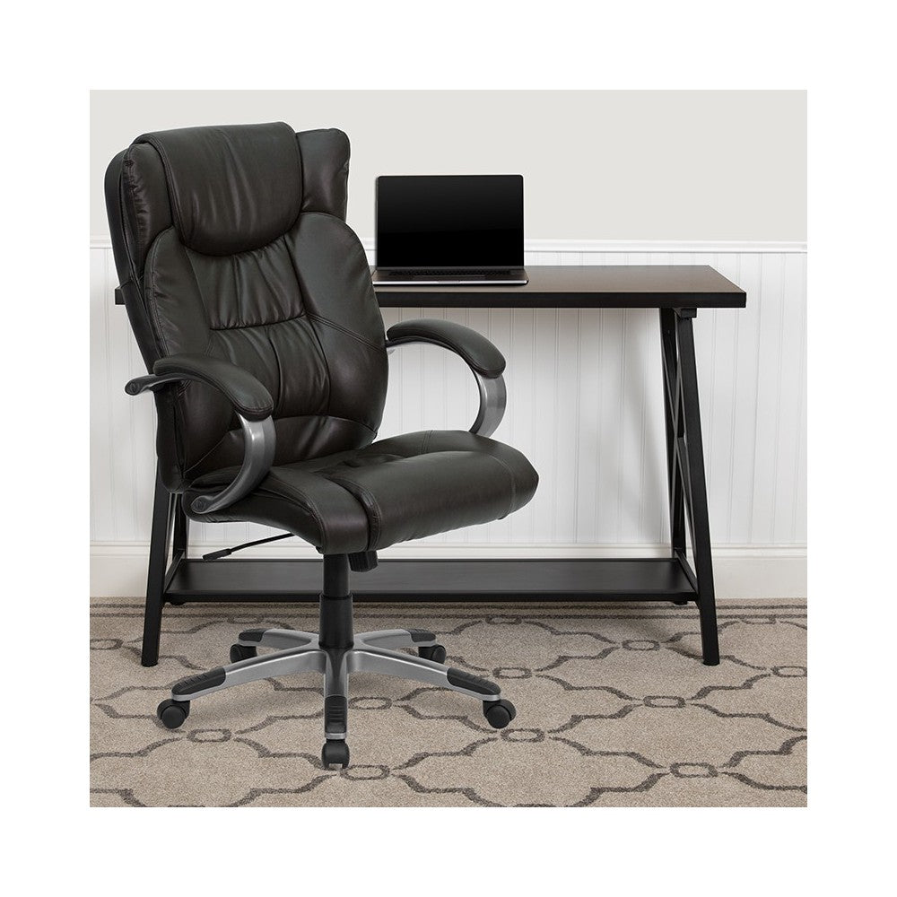 High Back Espresso Brown LeatherSoft Executive Swivel Office Chair with Titanium Nylon Base and Loop Arms