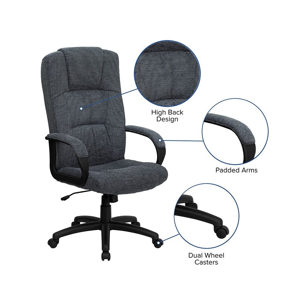 High Back Gray Fabric Executive Swivel Office Chair with Arms