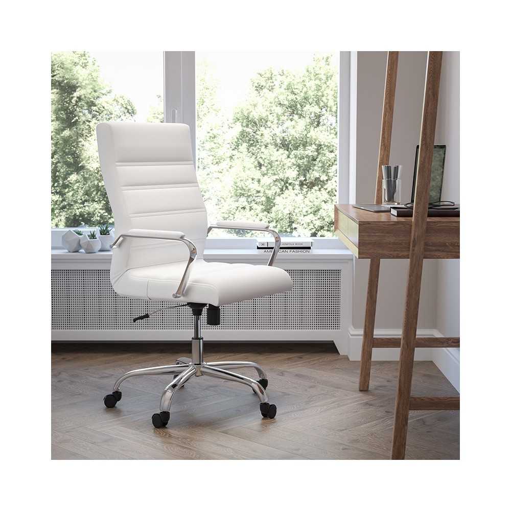 High Back Office Chair | White LeatherSoft Office Chair with Wheels and Arms