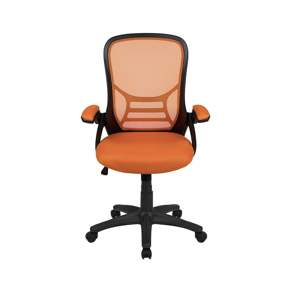 High Back Orange Mesh Ergonomic Swivel Office Chair with Black Frame and Flip-up Arms