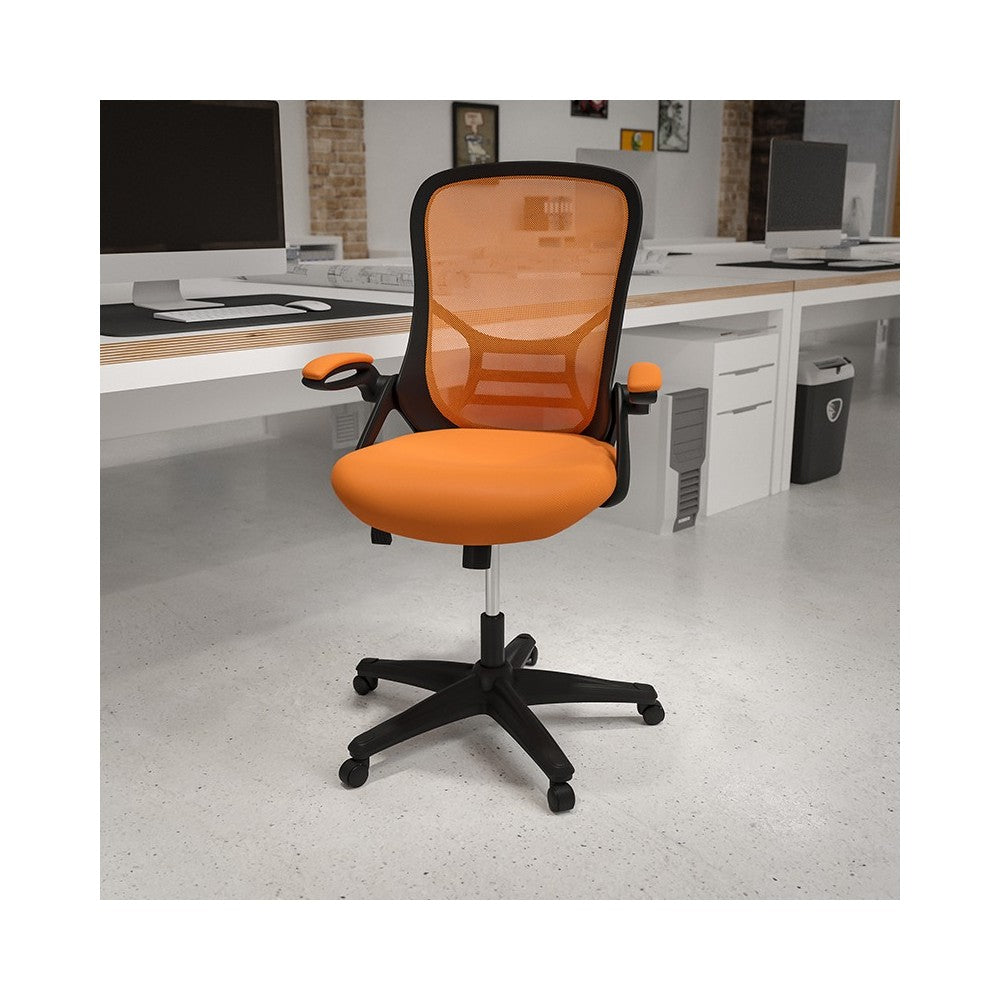 High Back Orange Mesh Ergonomic Swivel Office Chair with Black Frame and Flip-up Arms