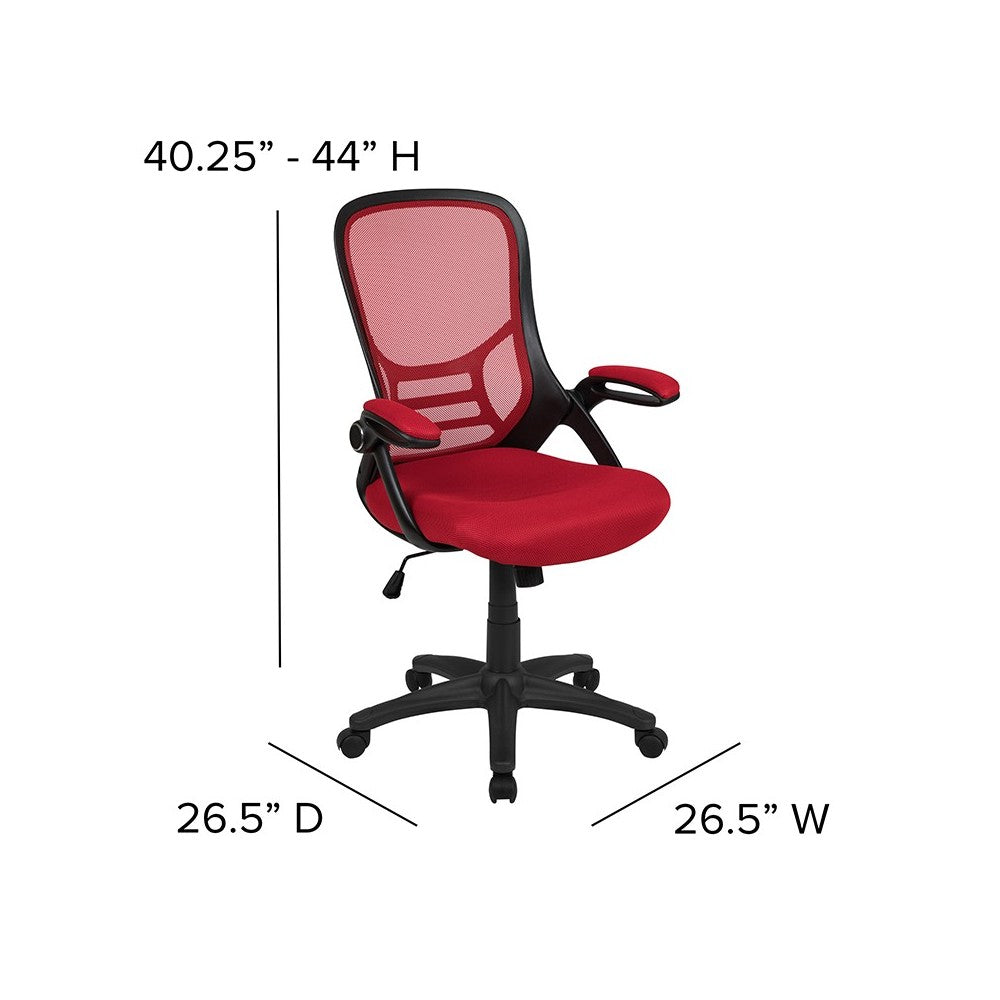 High Back Red Mesh Ergonomic Swivel Office Chair with Black Frame and Flip-up Arms