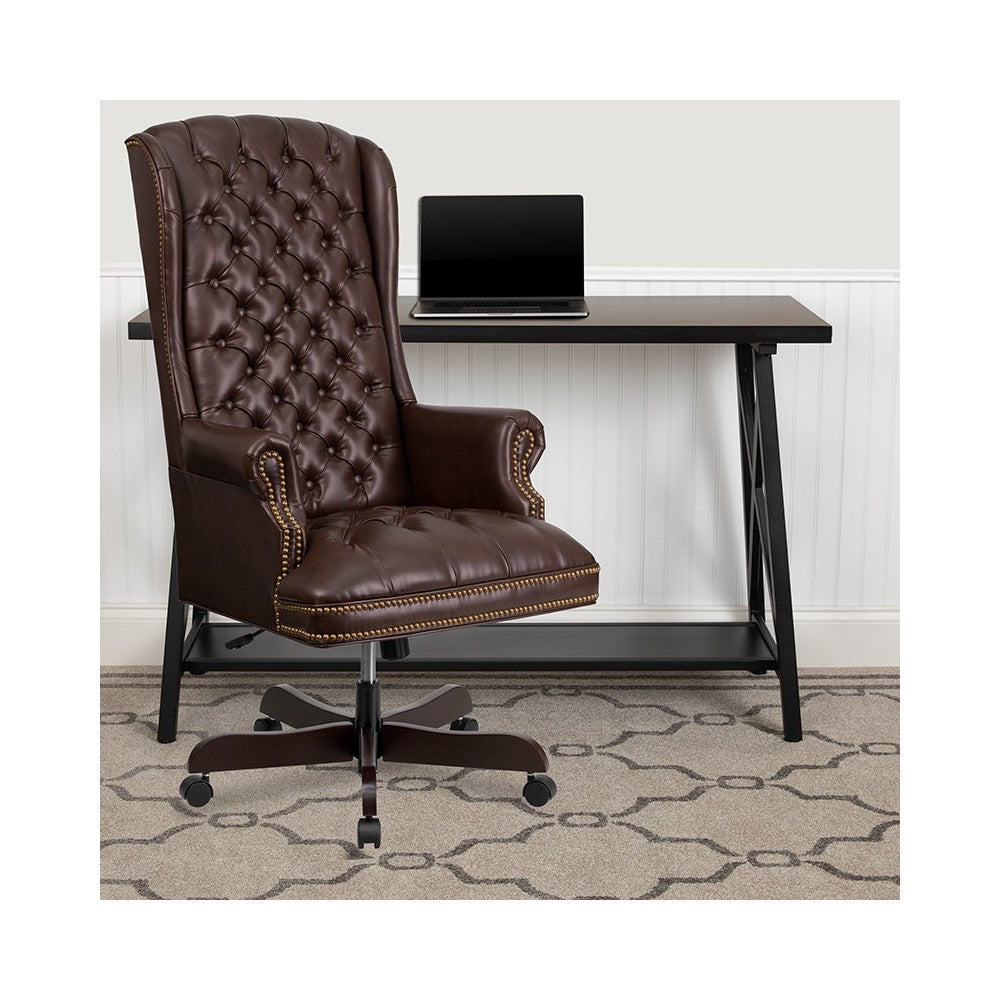 High Back Traditional Fully Tufted Brown LeatherSoft Executive Swivel Ergonomic Office Chair with Arms