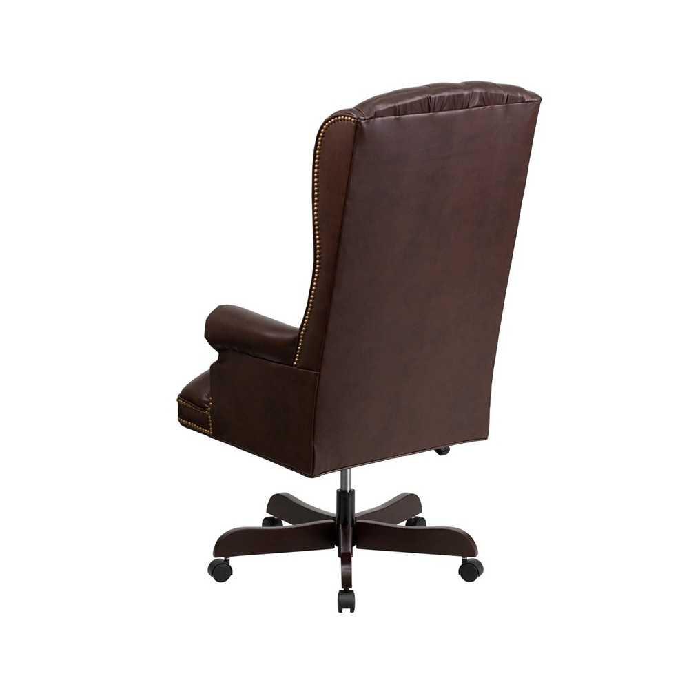 High Back Traditional Fully Tufted Brown LeatherSoft Executive Swivel Ergonomic Office Chair with Arms