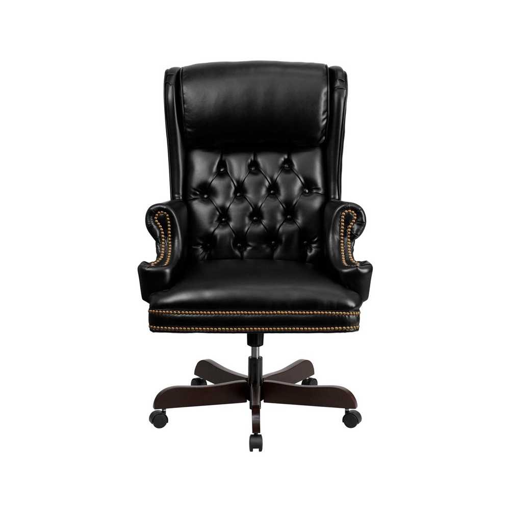High Back Traditional Tufted Black LeatherSoft Executive Ergonomic Office Chair with Oversized Headrest & Nail Trim Arms