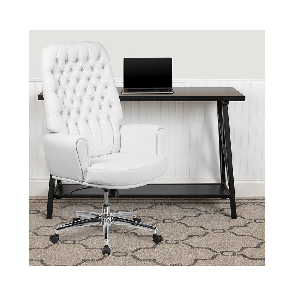 High Back Traditional Tufted White LeatherSoft Executive Swivel Office Chair with Arms