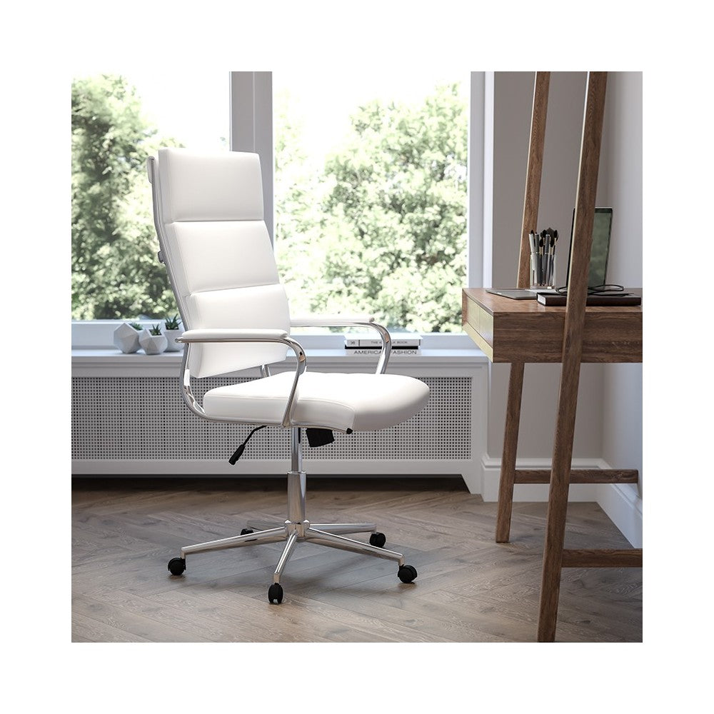 High Back White LeatherSoft Contemporary Panel Executive Swivel Office Chair