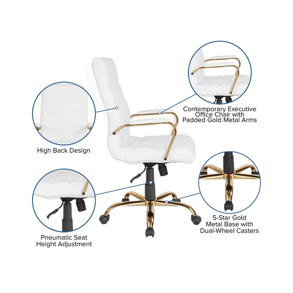 High Back White LeatherSoft Executive Swivel Office Chair with Gold Frame and Arms