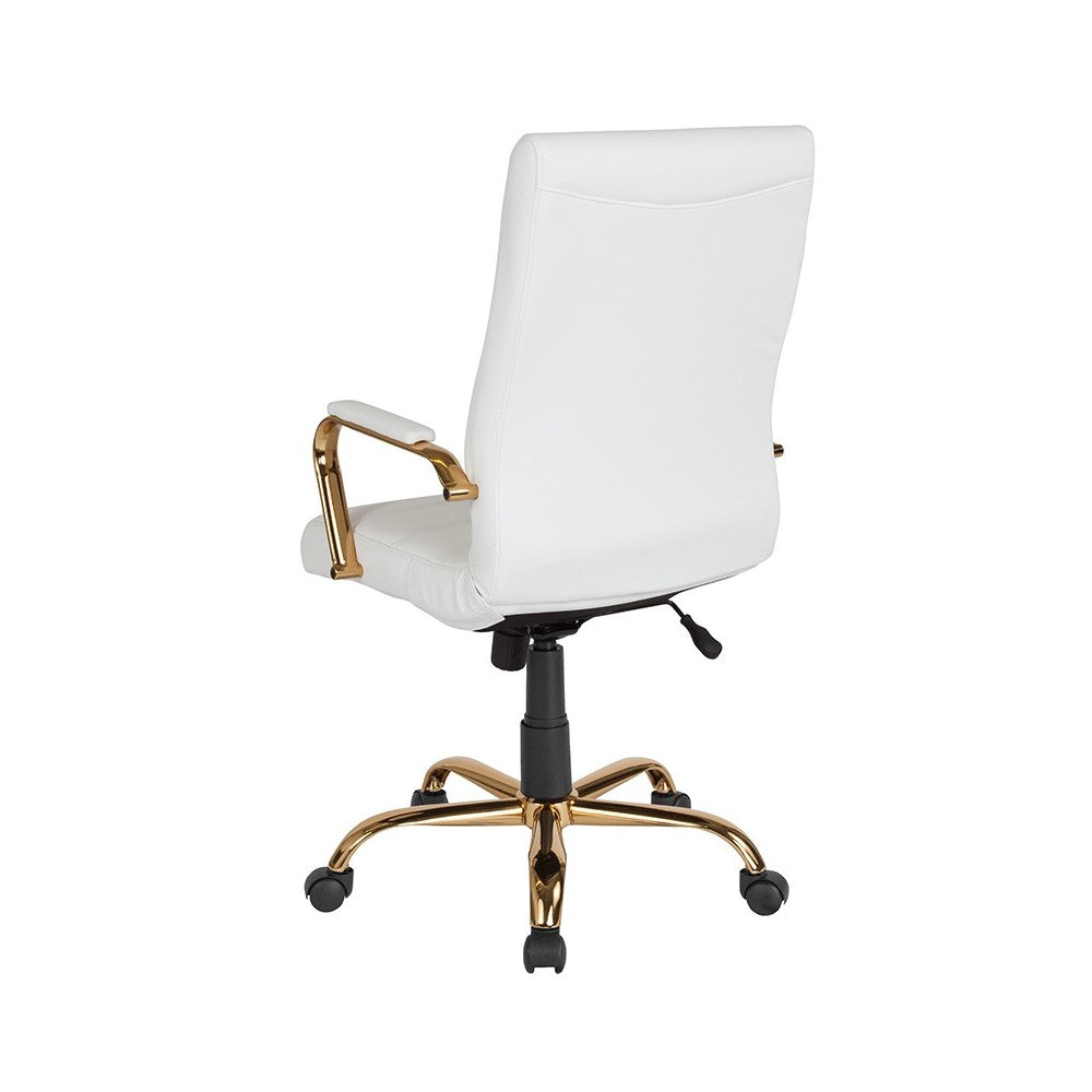 High Back White LeatherSoft Executive Swivel Office Chair with Gold Frame and Arms