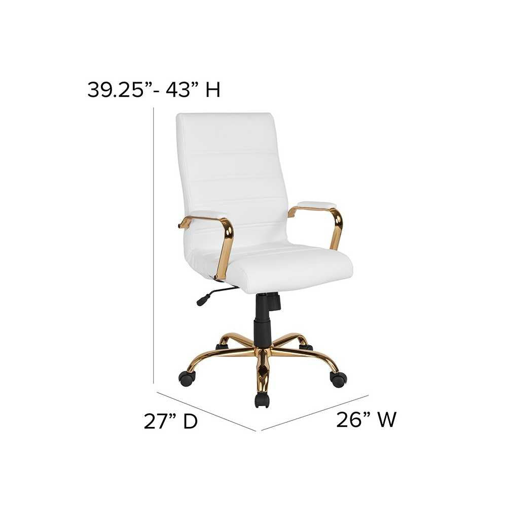 High Back White LeatherSoft Executive Swivel Office Chair with Gold Frame and Arms