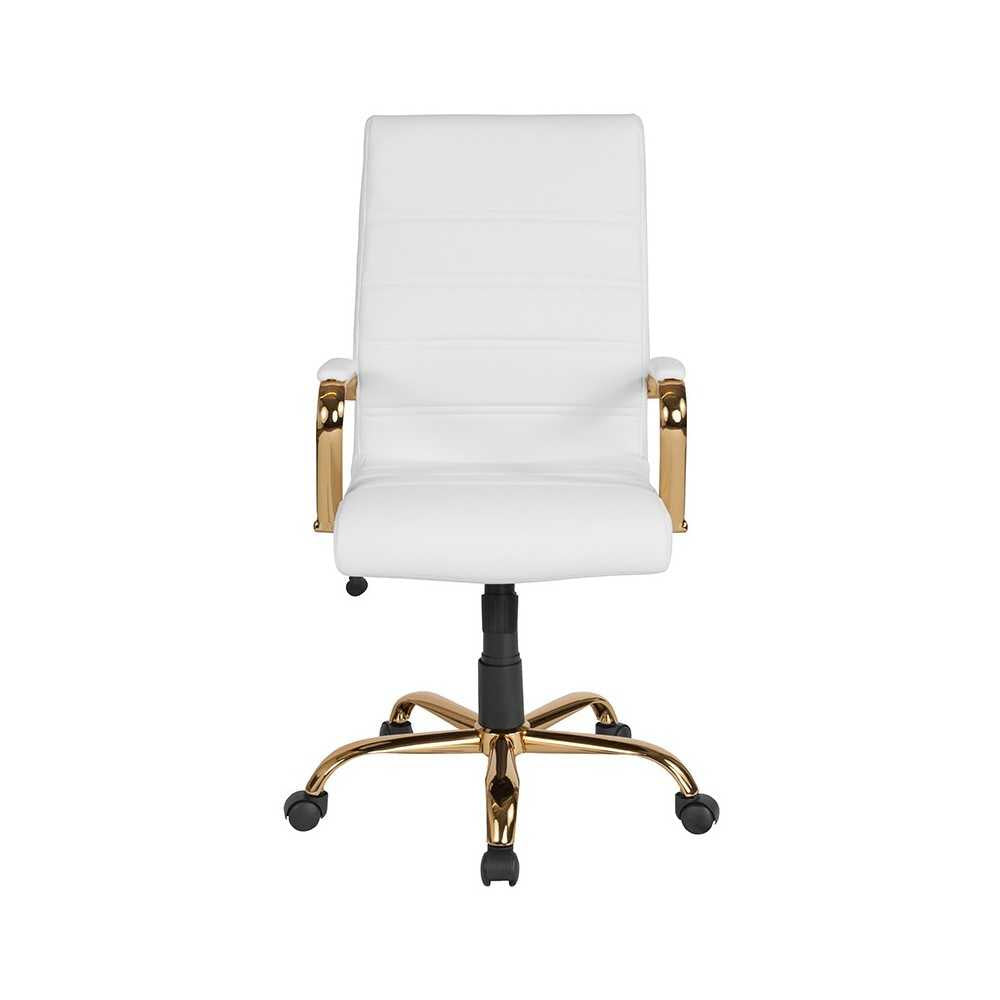 High Back White LeatherSoft Executive Swivel Office Chair with Gold Frame and Arms