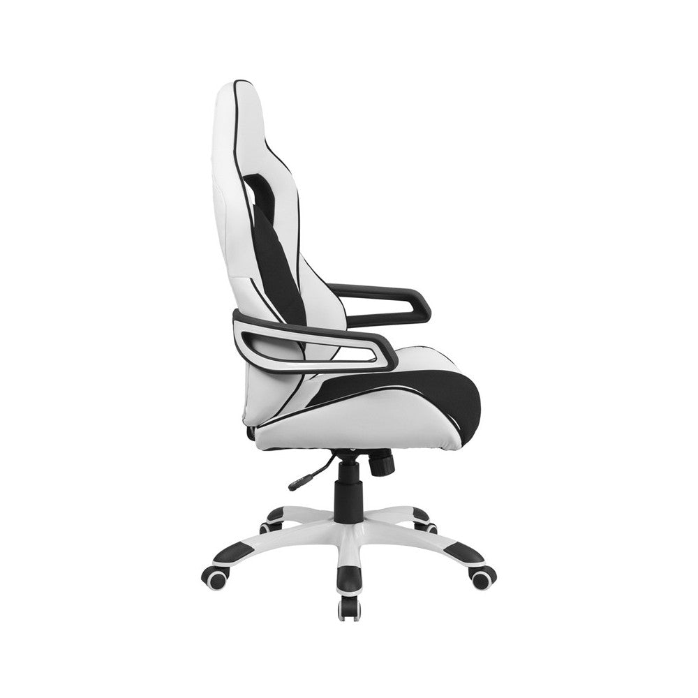 High Back White Vinyl Executive Swivel Office Chair with Black Fabric Inserts and Arms
