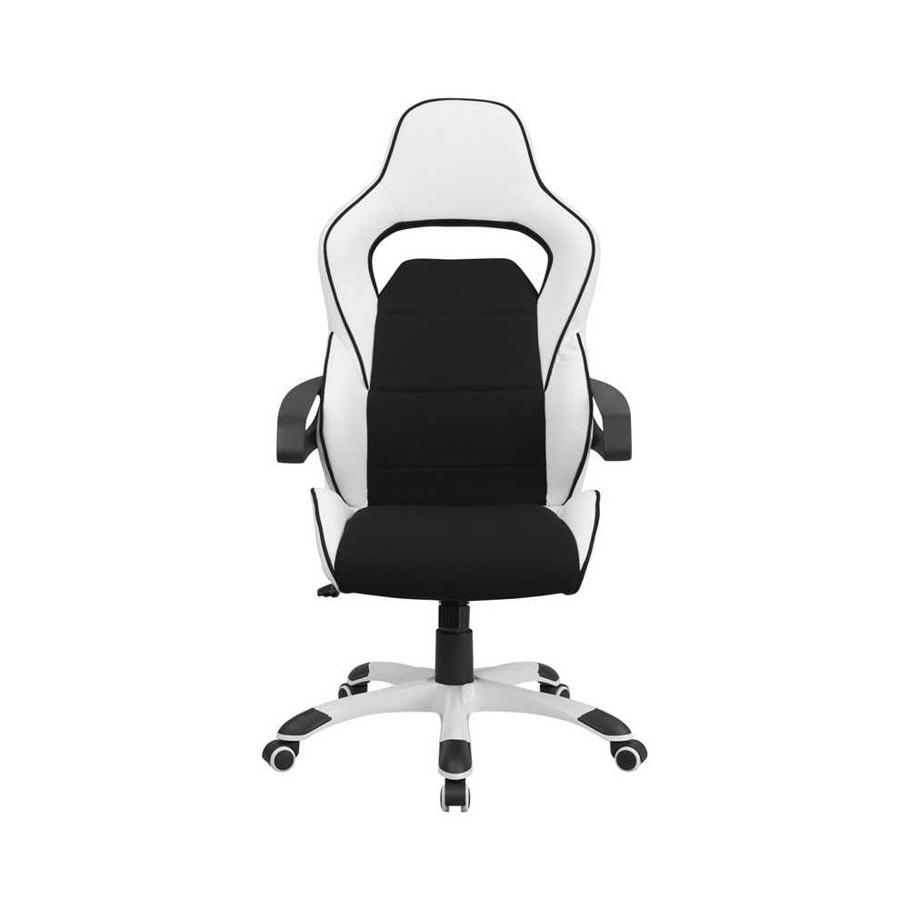 High Back White Vinyl Executive Swivel Office Chair with Black Fabric Inserts and Arms