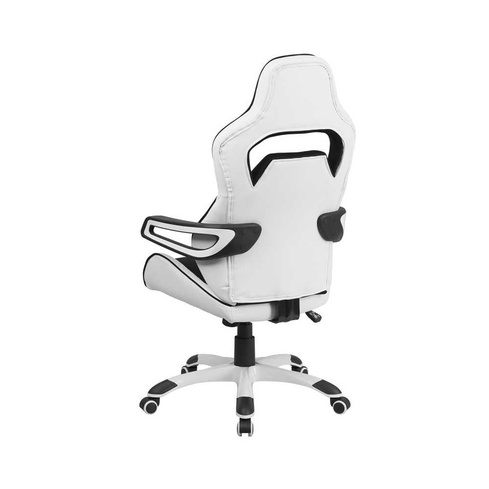 High Back White Vinyl Executive Swivel Office Chair with Black Fabric Inserts and Arms