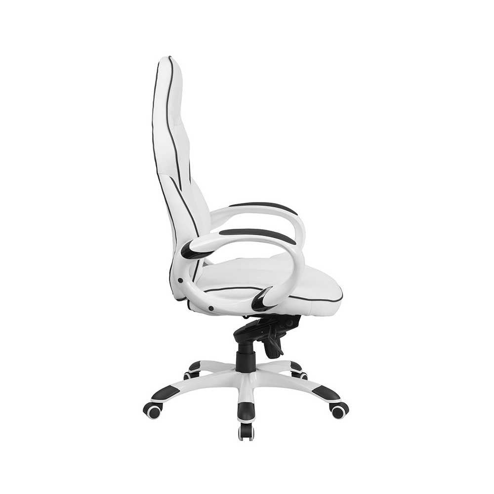 High Back White Vinyl Executive Swivel Office Chair with Black Trim and Arms