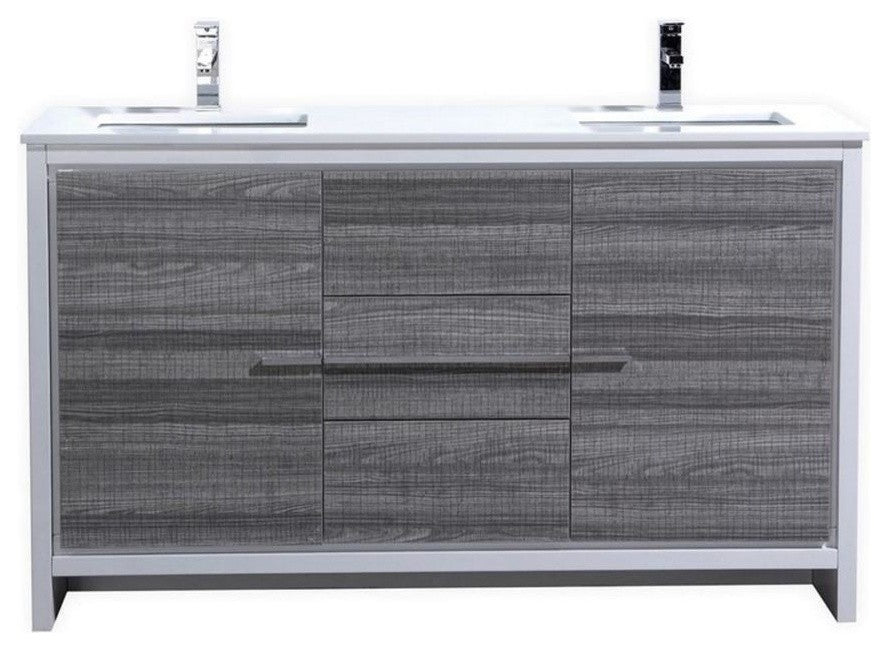 Dolce 60″ Double Sink Ash Gray Modern Bathroom Vanity with White Quartz Counter-Top