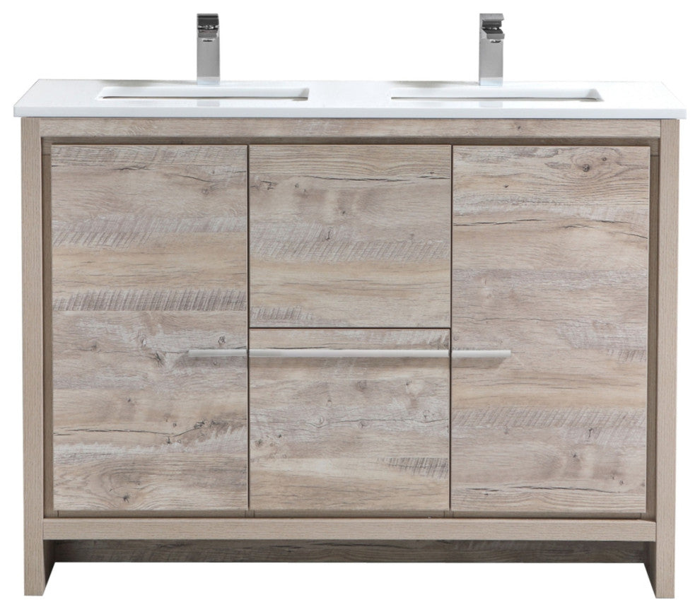 Dolce 48″ Double Sink Nature Wood Modern Bathroom Vanity with White Quartz Counter-Top