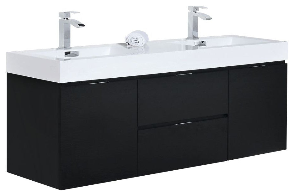 Bliss 60" Double Sink Black Wall Mount Modern Bathroom Vanity
