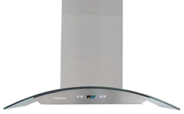 36" wide, LED lights, Both Side accessible Controls, Baffle Filters W/ Grease Drain Tunnel, 8.0mm Capony Temper Glass, Island Mount Range Hood