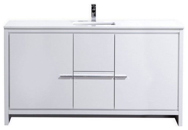 Dolce 60″ High Gloss White Modern Bathroom Vanity with White Quartz Counter-Top