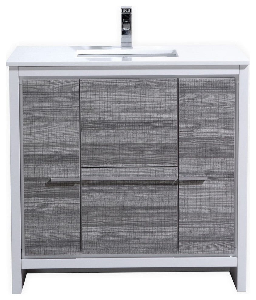 Dolce 36″ Ash Gray Modern Bathroom Vanity with White Quartz Counter-Top
