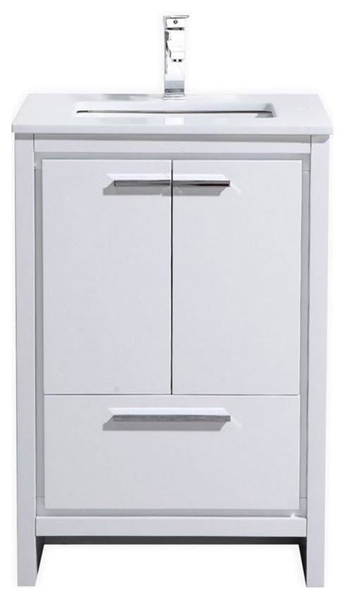 Dolce 24″ High Gloss White Modern Bathroom Vanity with White Quartz Counter-Top