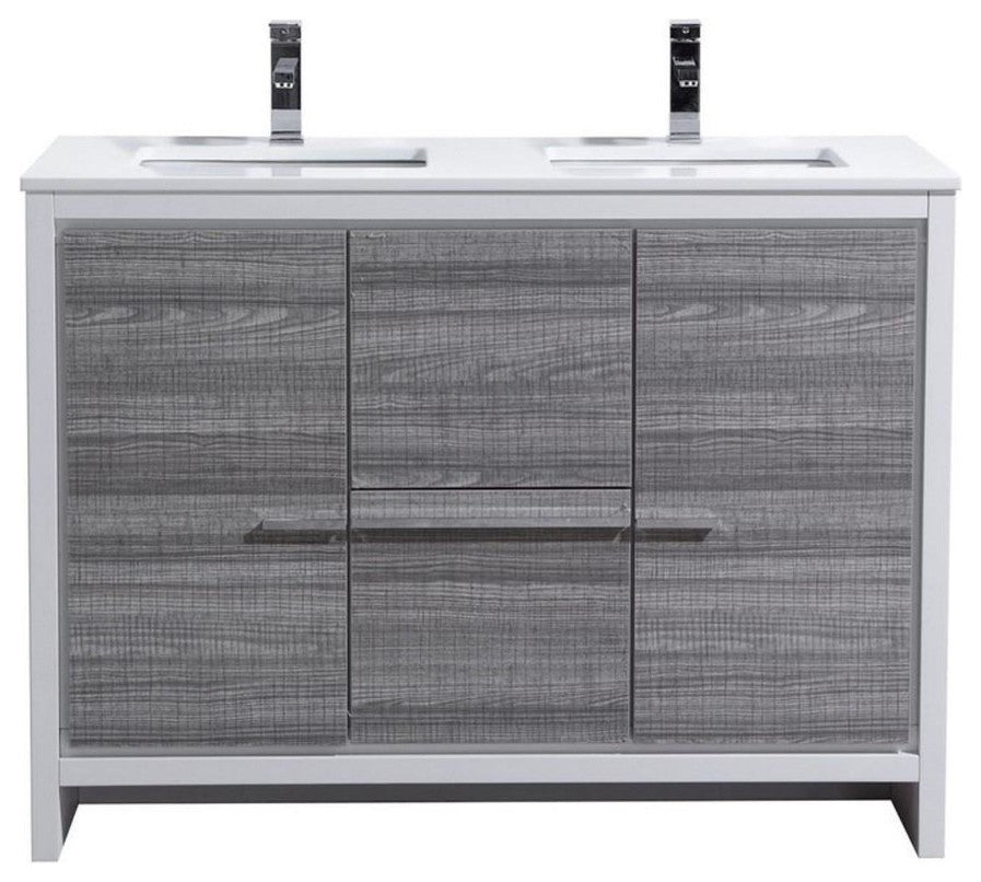 Dolce 48″ Double Sink Ash Gray Modern Bathroom Vanity with White Quartz Counter-Top