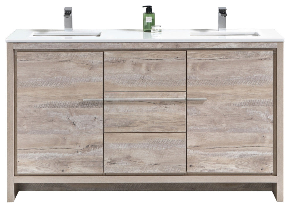 Dolce 60″ Double Sink Nature Wood Modern Bathroom Vanity with White Quartz Counter-Top