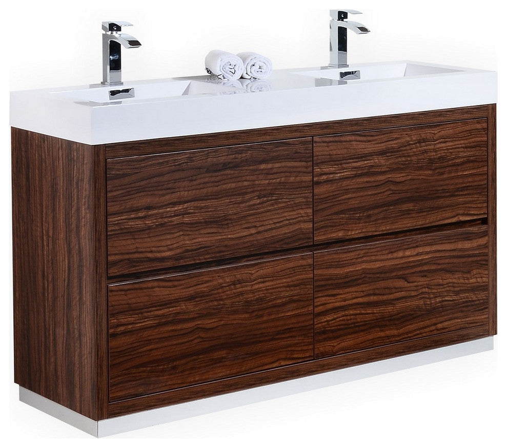 Bliss 60" Double Sink Walnut Free Standing Modern Bathroom Vanity