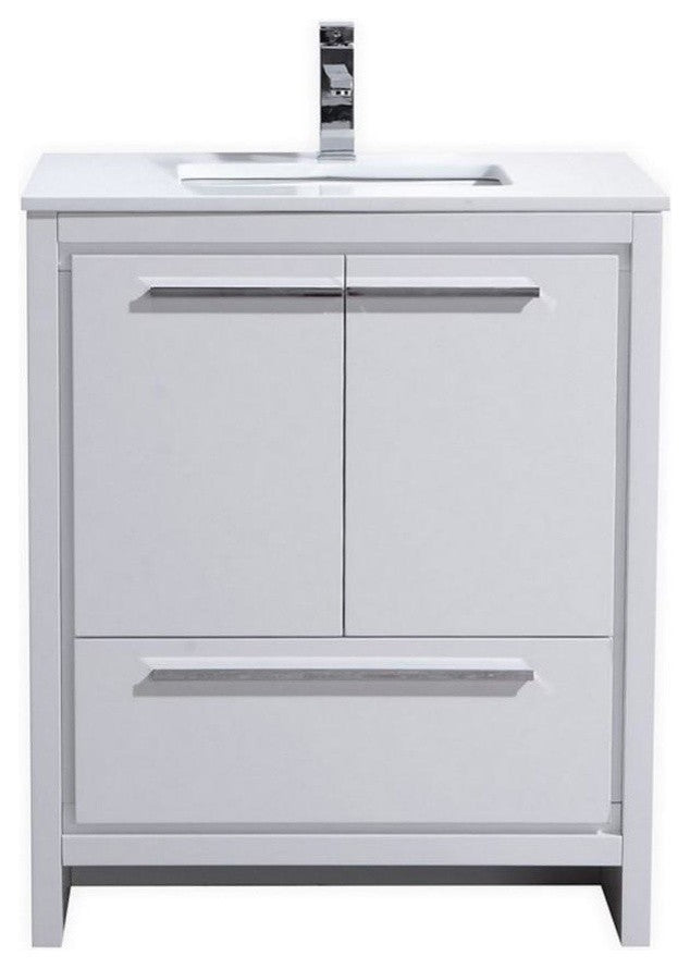 Dolce 30″ High Gloss White Modern Bathroom Vanity with White Quartz Counter-Top