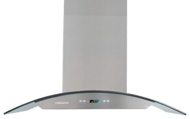 30" wide, LED lights, Both Side accessible Controls, Baffle Filters W/ Grease Drain Tunnel, 8.0mm Capony Temper Glass, Island Mount Range Hood