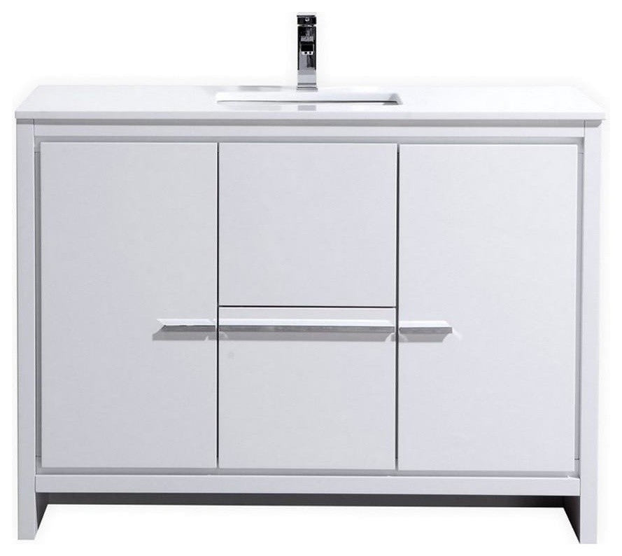 Dolce 48″ High Gloss White Modern Bathroom Vanity with White Quartz Counter-Top