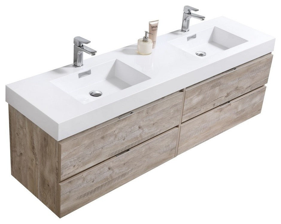 Bliss 72" Double Sink Nature Wood Wall Mount Modern Bathroom Vanity
