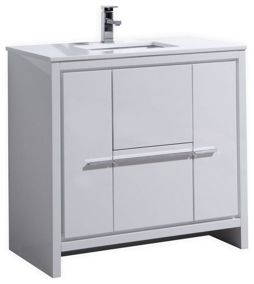Dolce 36″ High Gloss White Modern Bathroom Vanity with White Quartz Counter-Top