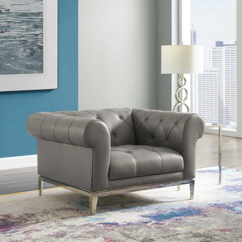 Idyll Tufted Button Upholstered Leather Chesterfield Armchair, Gray