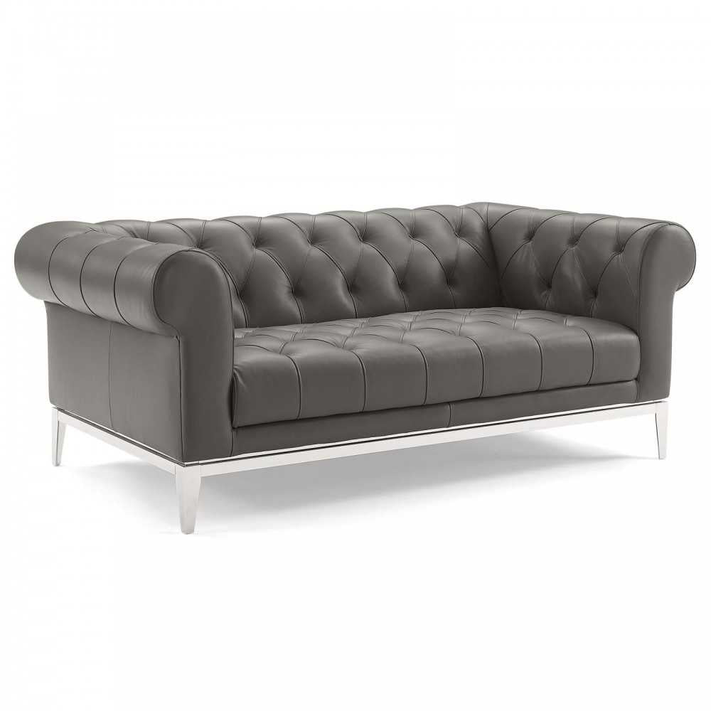 Idyll Tufted Button Upholstered Leather Chesterfield Loveseat, Gray