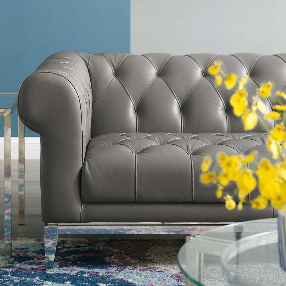 Idyll Tufted Button Upholstered Leather Chesterfield Loveseat, Gray