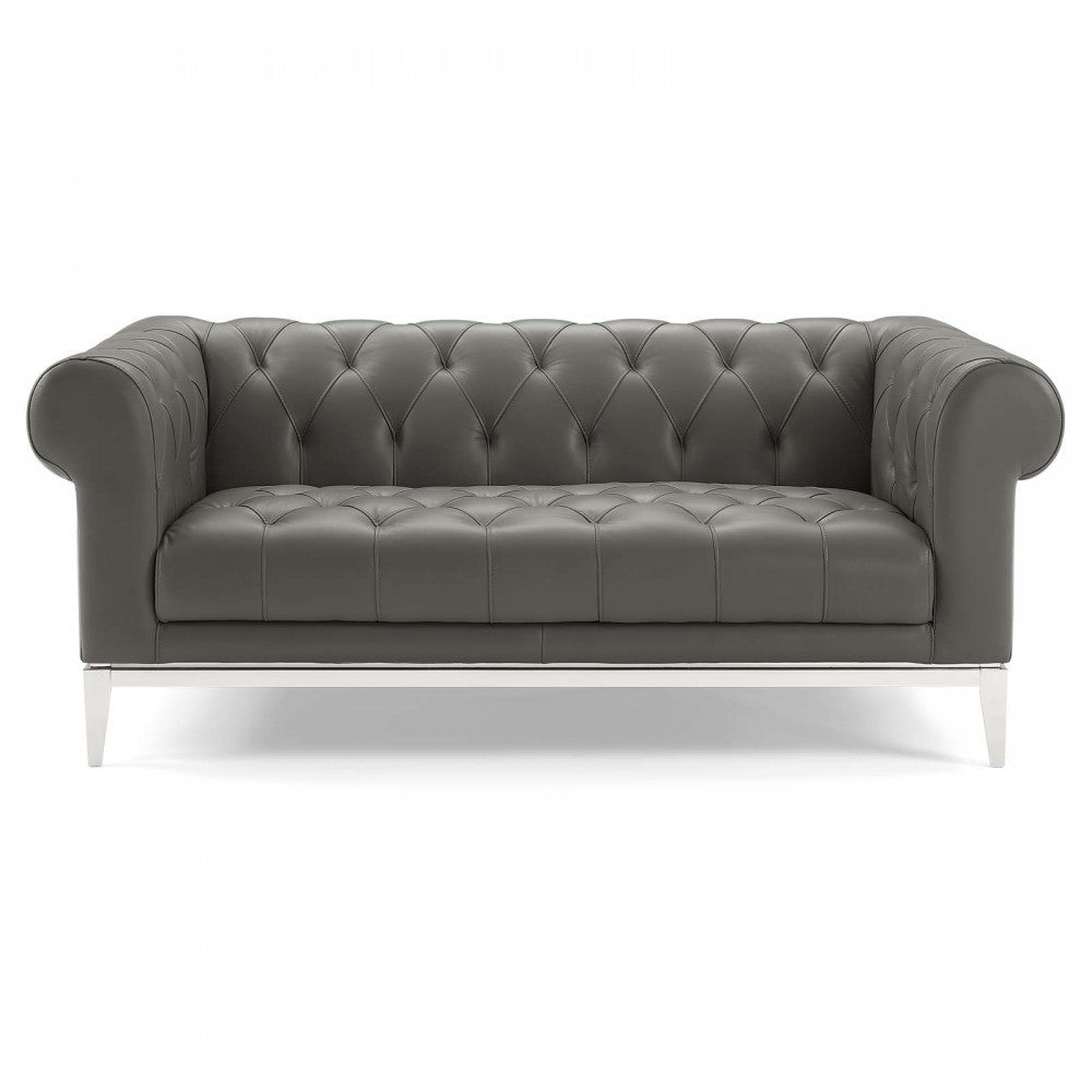 Idyll Tufted Button Upholstered Leather Chesterfield Loveseat, Gray