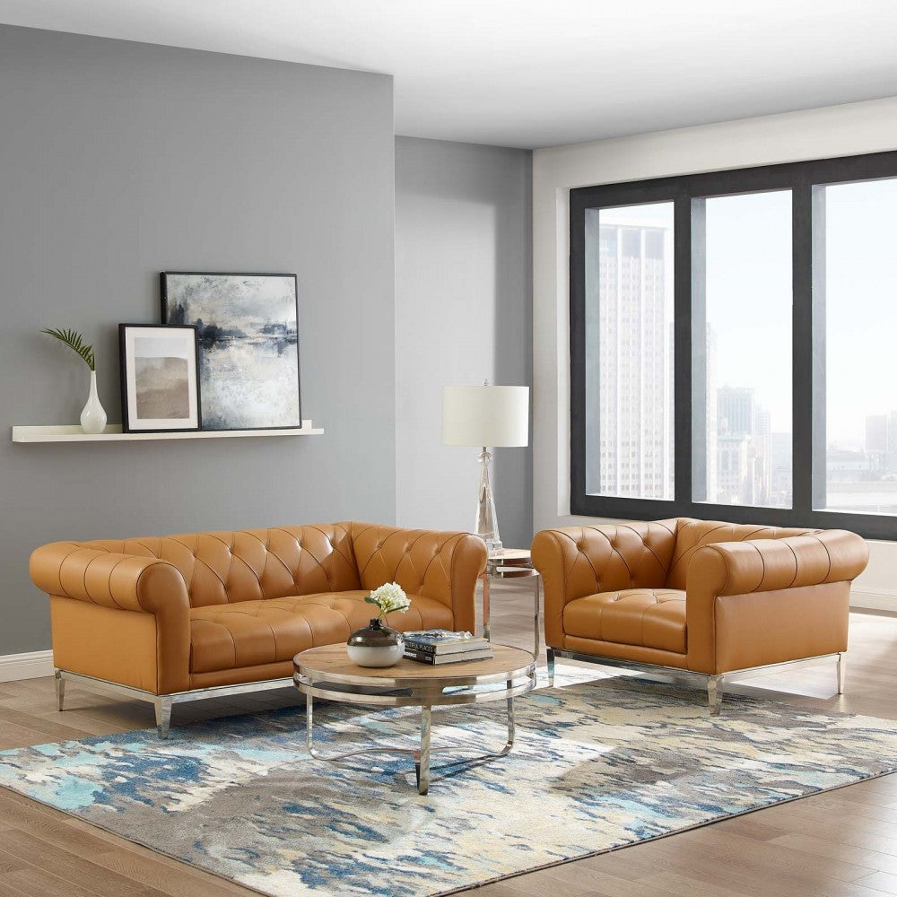 Idyll Tufted Upholstered Leather Loveseat and Armchair, Tan