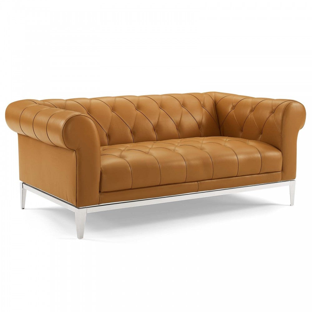 Idyll Tufted Upholstered Leather Loveseat and Armchair, Tan