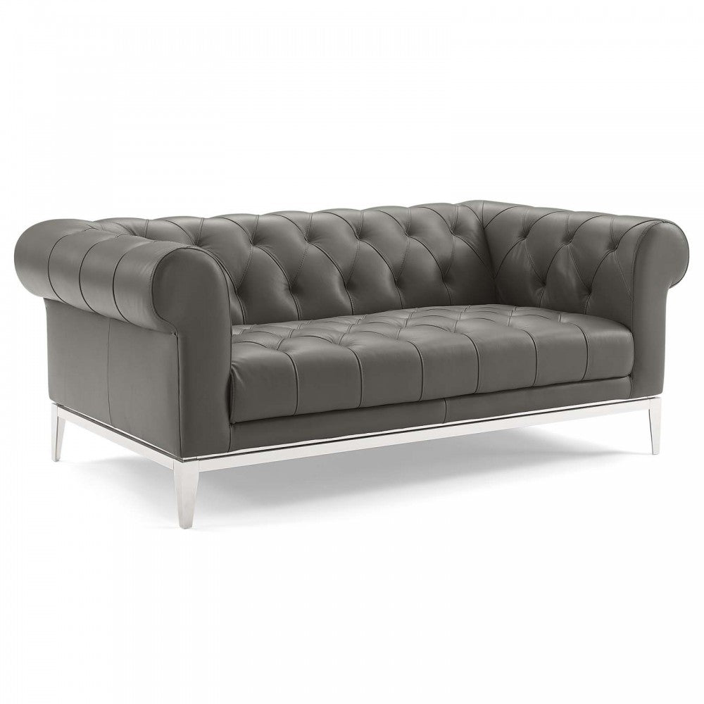 Idyll Tufted Upholstered Leather Loveseat and Armchair, Gray
